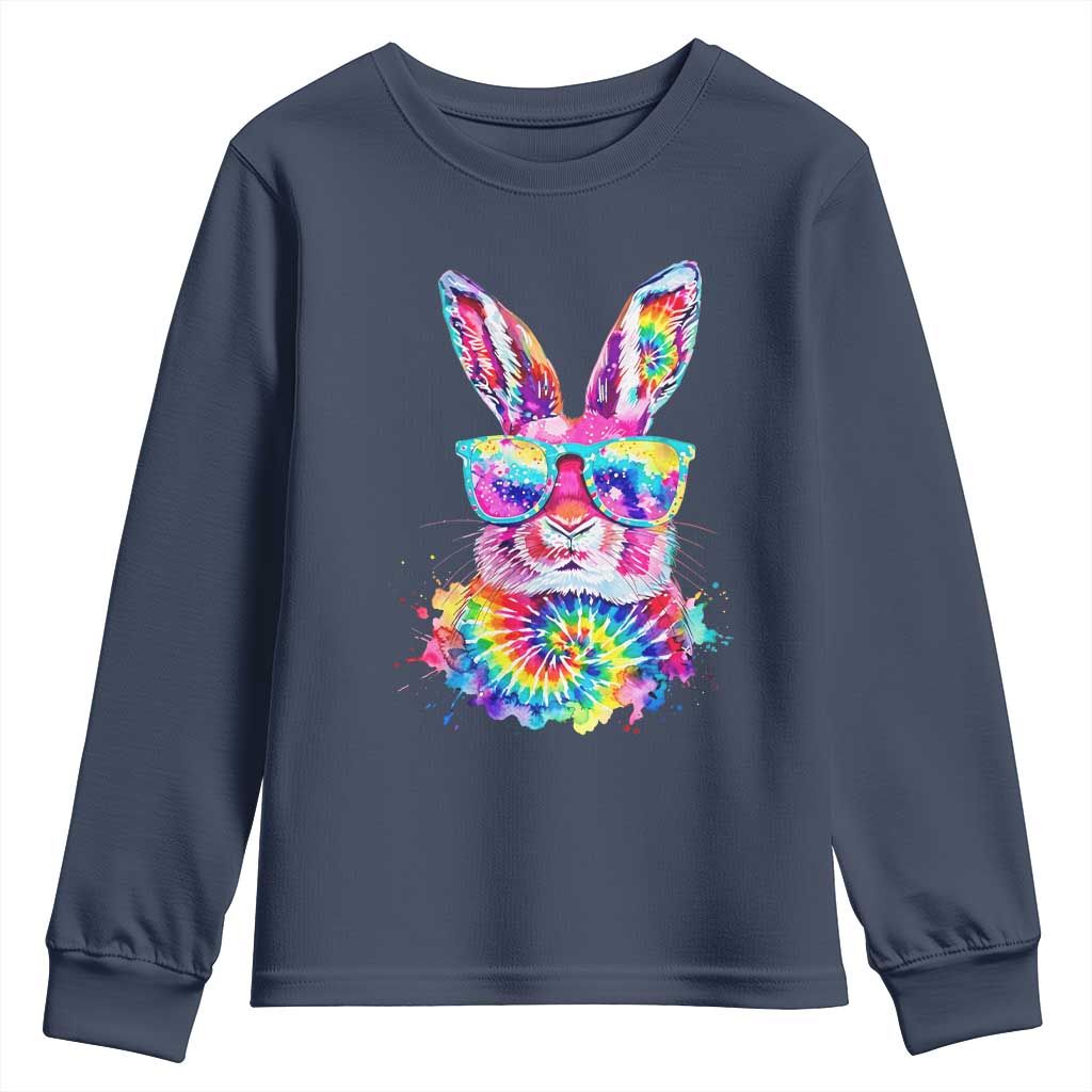 Colorful Tie Dye Bunny with Sunglasses Youth Sweatshirt Cool Easter Rabbit Retro Hippie Vibe Graphic Gift TS02 Navy Print Your Wear