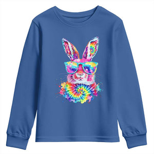Colorful Tie Dye Bunny with Sunglasses Youth Sweatshirt Cool Easter Rabbit Retro Hippie Vibe Graphic Gift TS02 Royal Blue Print Your Wear