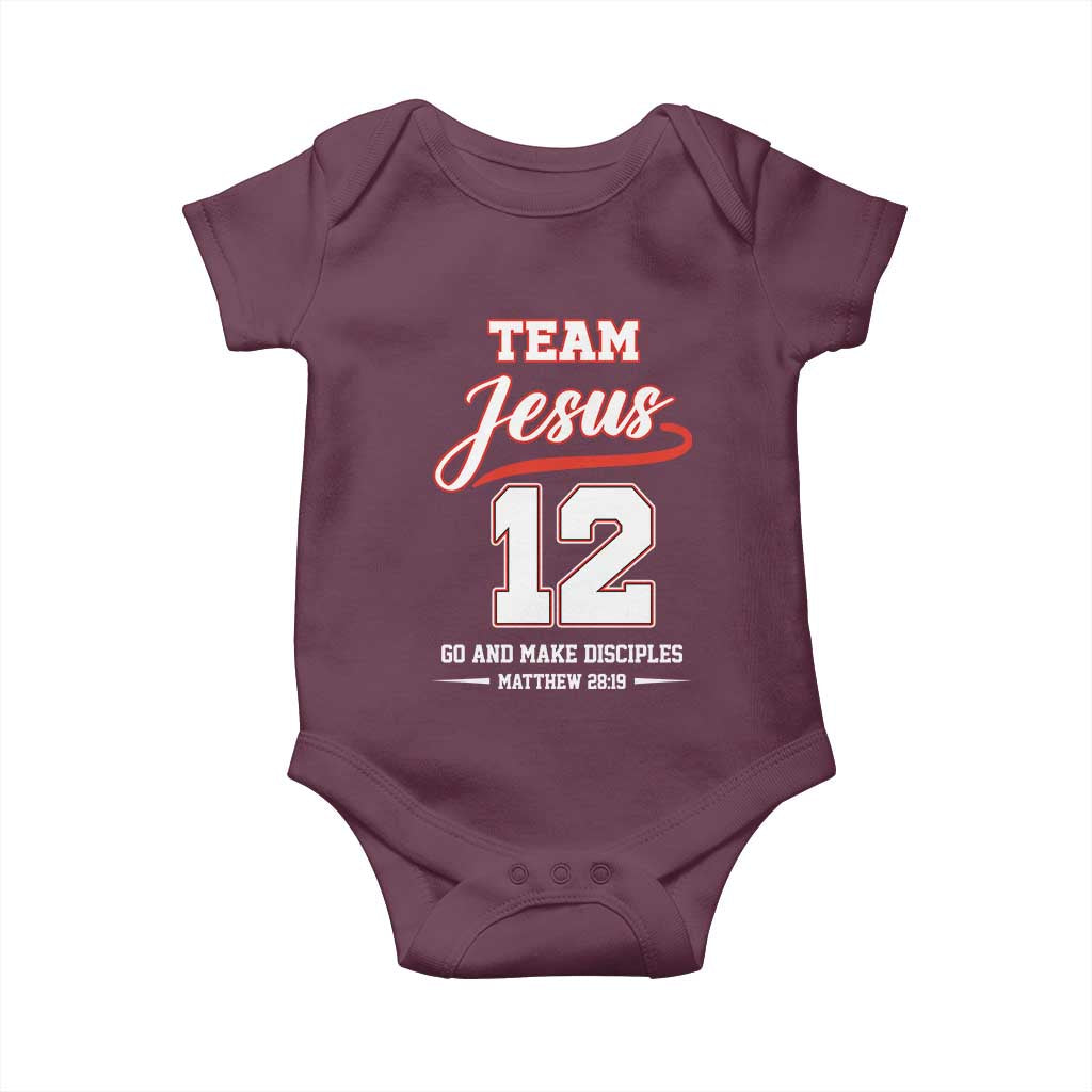 Team Jesus 12 Christian Sports Style Baby Onesie Go And Make Disciples Matthew 28:19 Faith Athletic Inspired Gift TS02 Maroon Print Your Wear