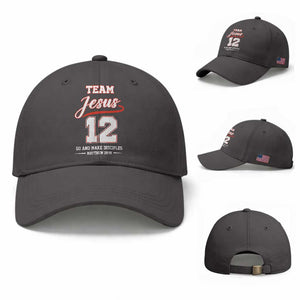 Team Jesus 12 Christian Sports Style Baseball Cap Go And Make Disciples Matthew 28:19 Faith Athletic Inspired Gift TS02 Baseball Cap Universal Fit Dark Gray Print Your Wear