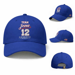 Team Jesus 12 Christian Sports Style Baseball Cap Go And Make Disciples Matthew 28:19 Faith Athletic Inspired Gift TS02 Baseball Cap Universal Fit Royal Blue Print Your Wear