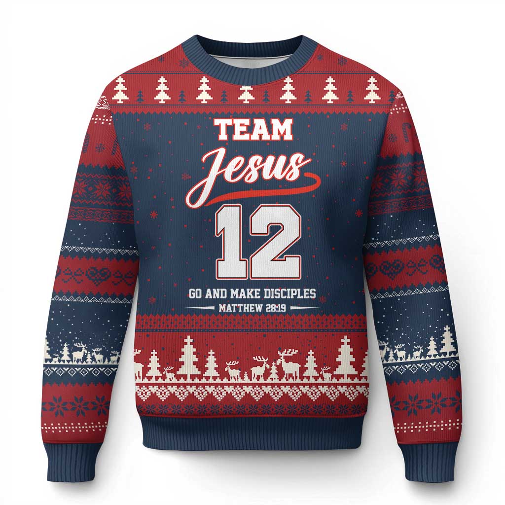 Team Jesus 12 Christian Sports Style Ugly Christmas Sweater Go And Make Disciples Matthew 28:19 Faith Athletic Inspired Gift TS02 Navy Red Print Your Wear