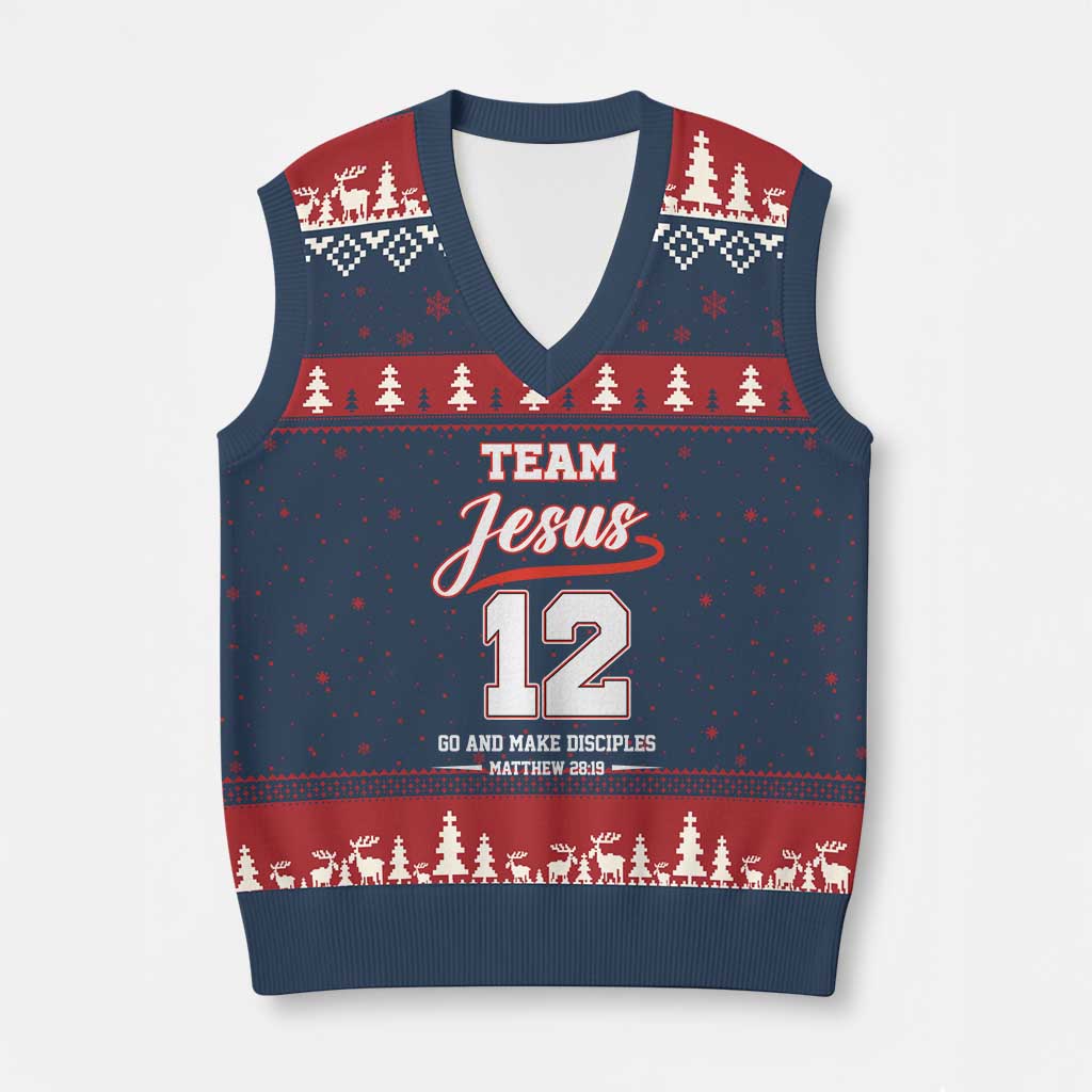 Team Jesus 12 Christian Sports Style V-Neck Knit Sweater Vest Go And Make Disciples Matthew 28:19 Faith Athletic Inspired Gift TS02 Navy Red Print Your Wear