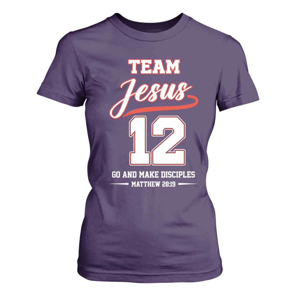 Team Jesus 12 Christian Sports Style T Shirt For Women Go And Make Disciples Matthew 28:19 Faith Athletic Inspired Gift TS02 Purple Print Your Wear