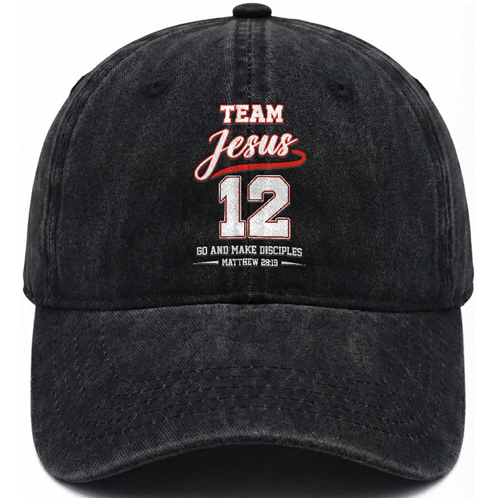 Team Jesus 12 Christian Sports Style Washed Cotton Baseball Cap Go And Make Disciples Matthew 28:19 Faith Athletic Inspired Gift TS02 Print Your Wear