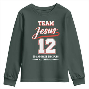 Team Jesus 12 Christian Sports Style Youth Sweatshirt Go And Make Disciples Matthew 28:19 Faith Athletic Inspired Gift TS02 Dark Forest Green Print Your Wear