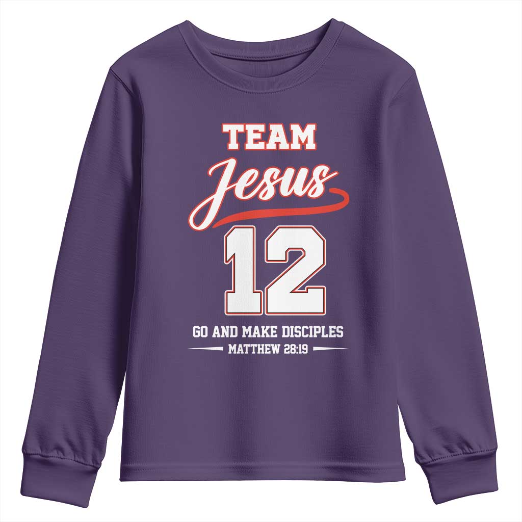 Team Jesus 12 Christian Sports Style Youth Sweatshirt Go And Make Disciples Matthew 28:19 Faith Athletic Inspired Gift TS02 Purple Print Your Wear