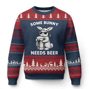 Some Bunny Needs Beer Funny Easter Drinking Humor Ugly Christmas Sweater Cool Rabbit with Sunglasses Graphic Gift TS02 Navy Red Print Your Wear