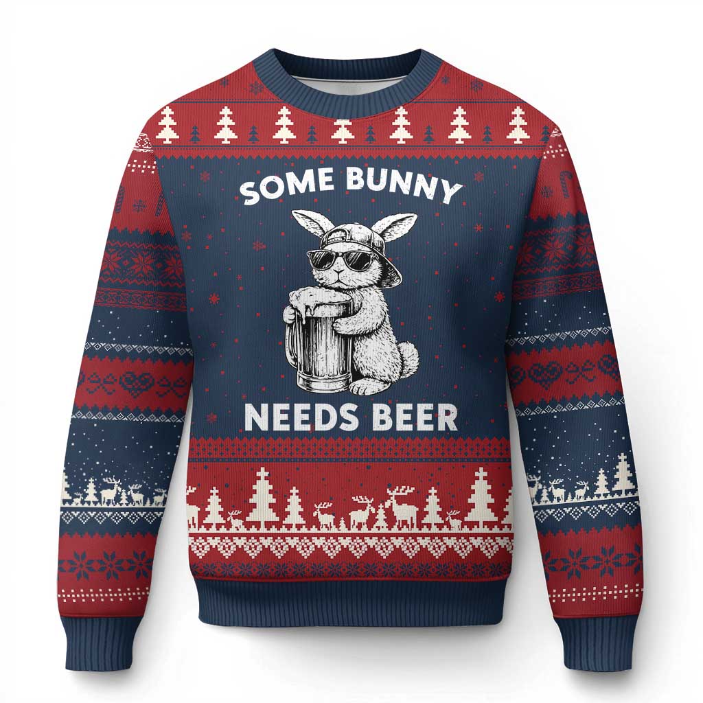 Some Bunny Needs Beer Funny Easter Drinking Humor Ugly Christmas Sweater Cool Rabbit with Sunglasses Graphic Gift TS02 Navy Red Print Your Wear