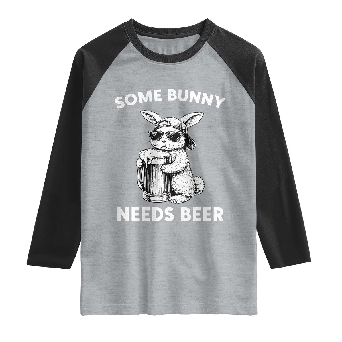 Some Bunny Needs Beer Funny Easter Drinking Humor Raglan Shirt Cool Rabbit with Sunglasses Graphic Gift TS02 Heather Gray Black Print Your Wear