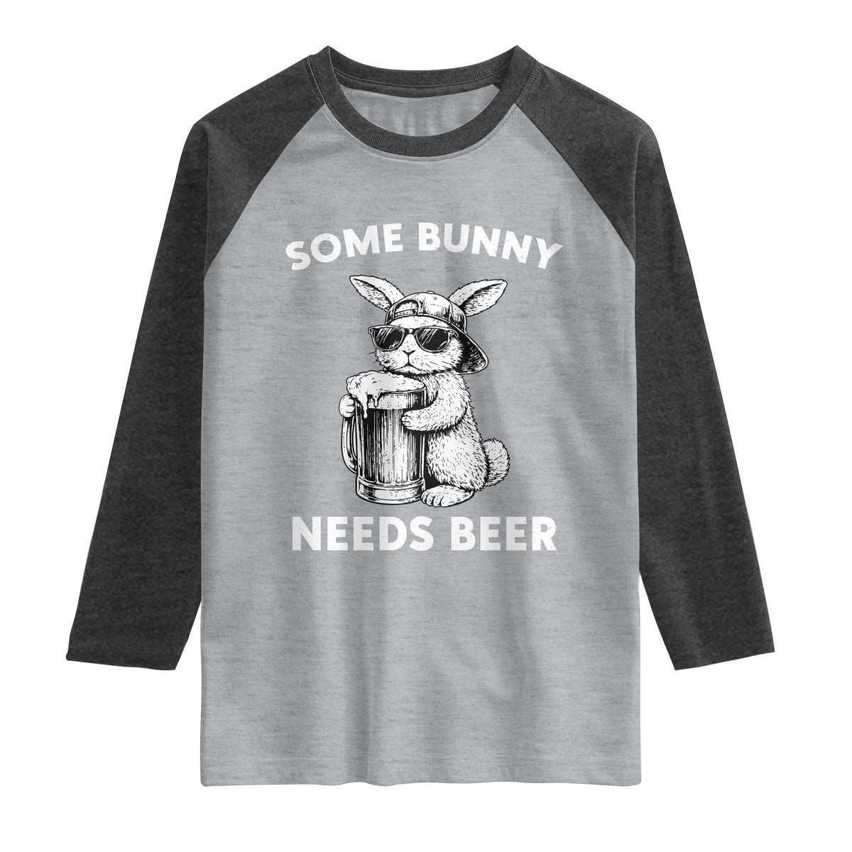 Some Bunny Needs Beer Funny Easter Drinking Humor Raglan Shirt Cool Rabbit with Sunglasses Graphic Gift TS02 Heather Gray Heather Charcoal Print Your Wear