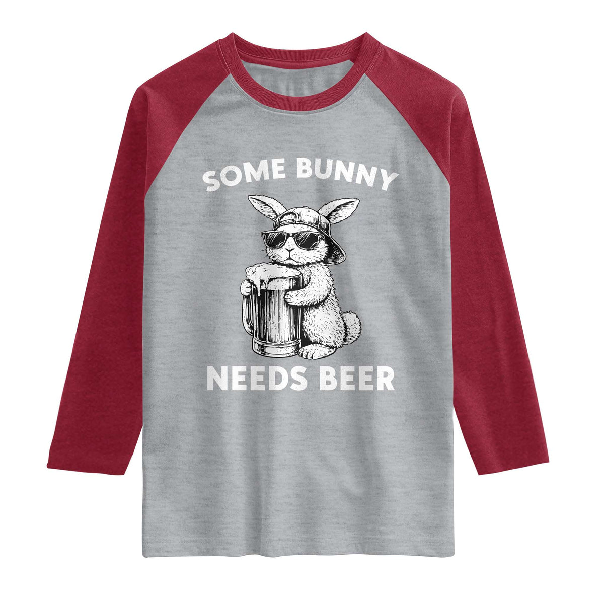 Some Bunny Needs Beer Funny Easter Drinking Humor Raglan Shirt Cool Rabbit with Sunglasses Graphic Gift TS02 Heather Gray Heather Red Print Your Wear