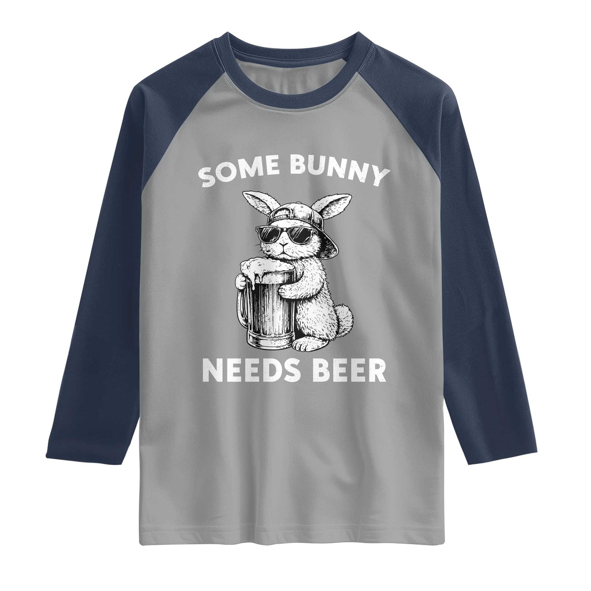 Some Bunny Needs Beer Funny Easter Drinking Humor Raglan Shirt Cool Rabbit with Sunglasses Graphic Gift TS02 Sport Gray Navy Print Your Wear