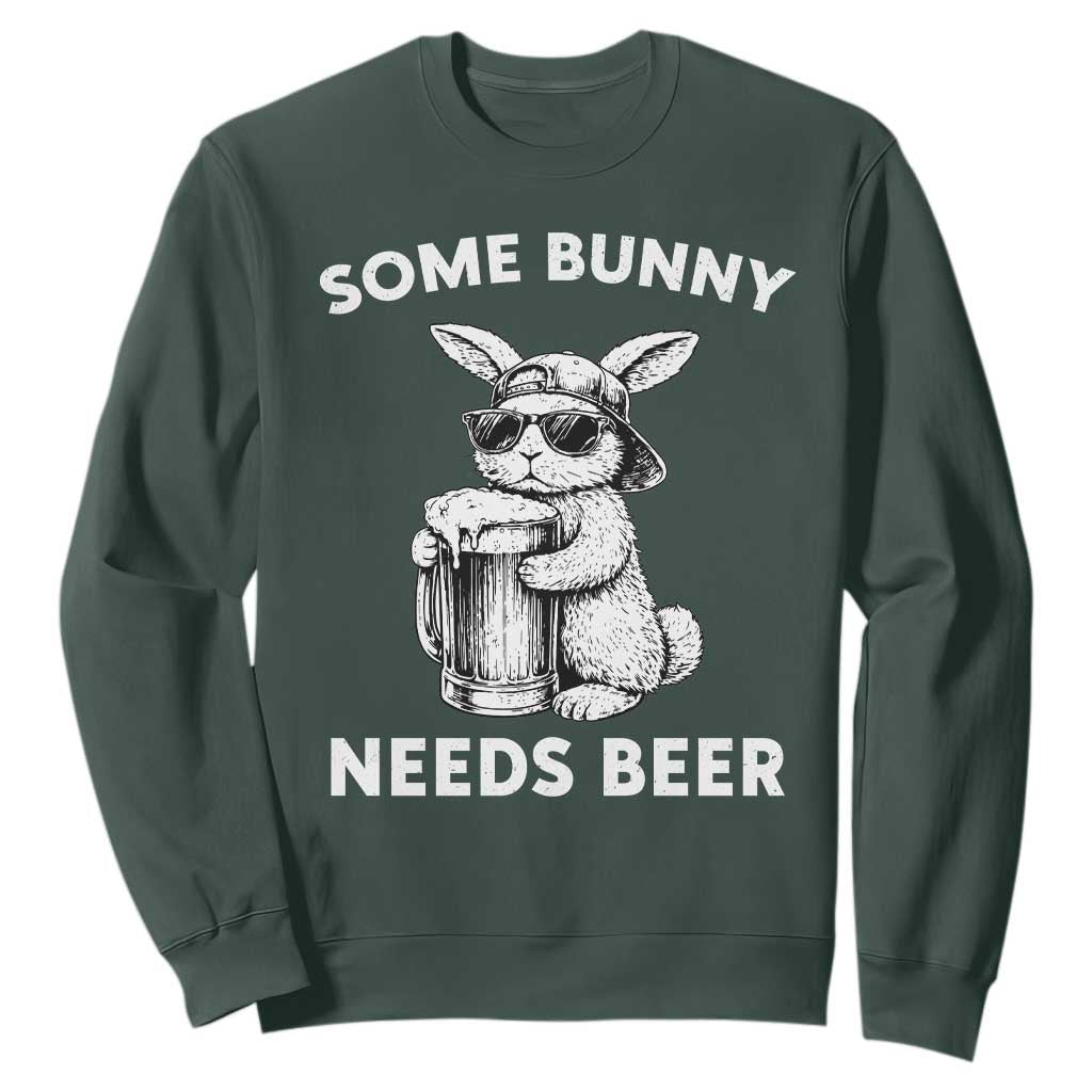 Some Bunny Needs Beer Funny Easter Drinking Humor Sweatshirt Cool Rabbit with Sunglasses Graphic Gift TS02 Dark Forest Green Print Your Wear