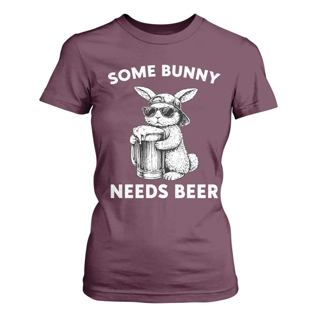 Some Bunny Needs Beer Funny Easter Drinking Humor T Shirt For Women Cool Rabbit with Sunglasses Graphic Gift TS02 Maroon Print Your Wear