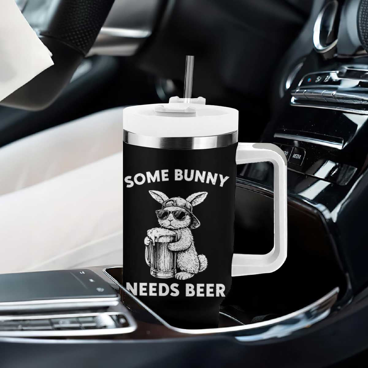 Some Bunny Needs Beer Funny Easter Drinking Humor Tumbler With Handle Cool Rabbit with Sunglasses Graphic Gift TS02 Print Your Wear