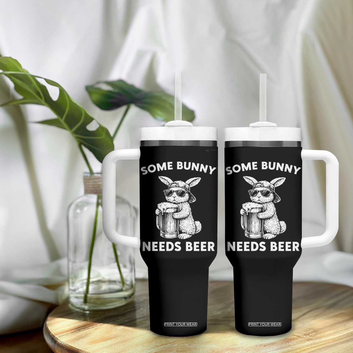 Some Bunny Needs Beer Funny Easter Drinking Humor Tumbler With Handle Cool Rabbit with Sunglasses Graphic Gift TS02 Print Your Wear
