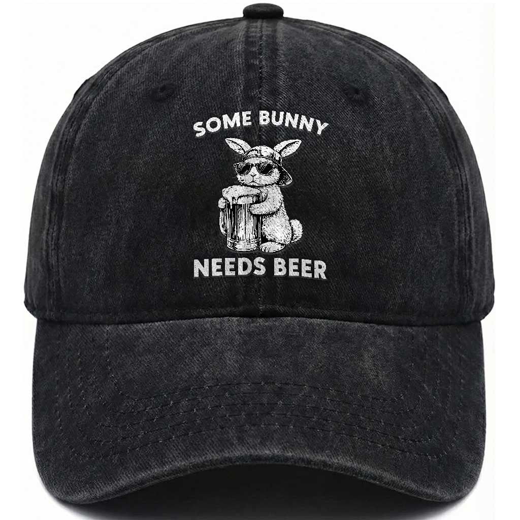 Some Bunny Needs Beer Funny Easter Drinking Humor Washed Cotton Baseball Cap Cool Rabbit with Sunglasses Graphic Gift TS02 Print Your Wear