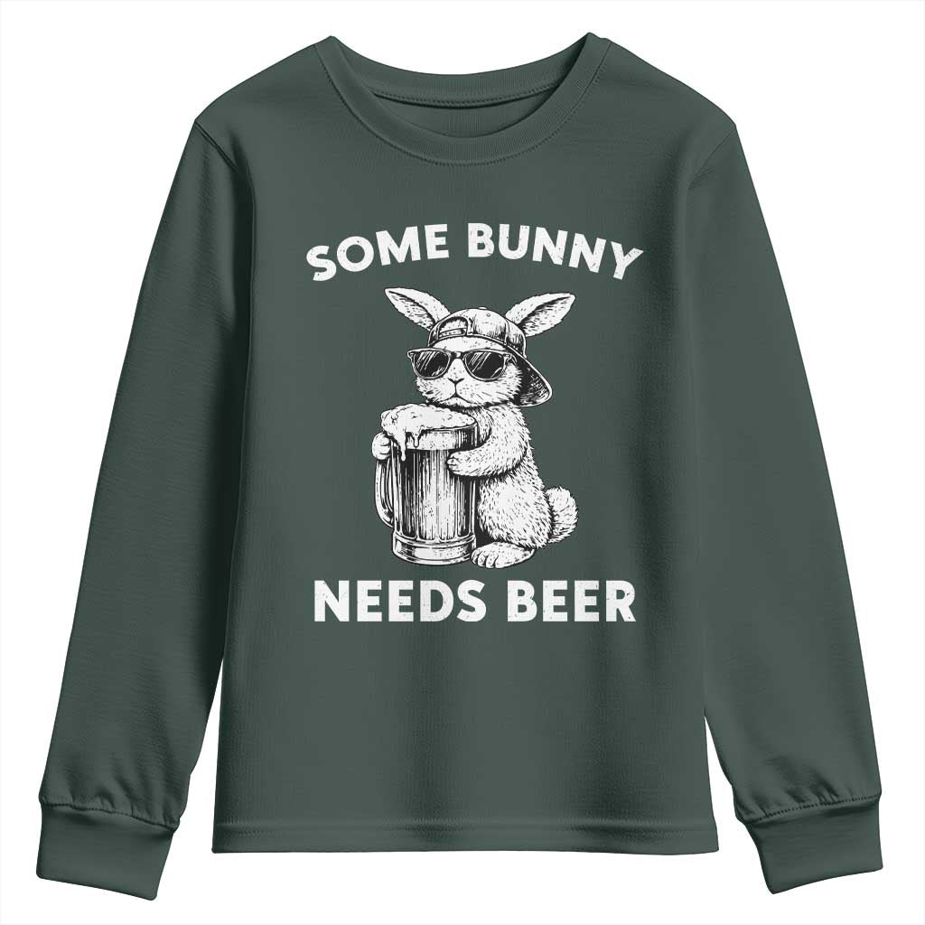 Some Bunny Needs Beer Funny Easter Drinking Humor Youth Sweatshirt Cool Rabbit with Sunglasses Graphic Gift TS02 Dark Forest Green Print Your Wear