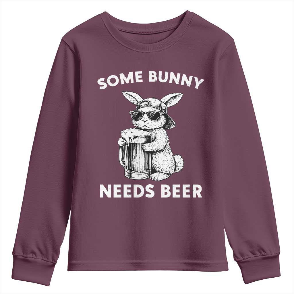 Some Bunny Needs Beer Funny Easter Drinking Humor Youth Sweatshirt Cool Rabbit with Sunglasses Graphic Gift TS02 Maroon Print Your Wear