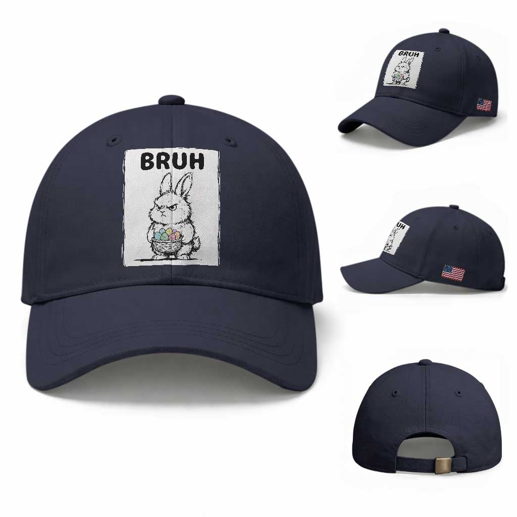 Bruh Angry Easter Bunny with Eggs Basket Baseball Cap Funny Rabbit Meme Humor Graphic Gift TS02 Baseball Cap Universal Fit Navy Print Your Wear