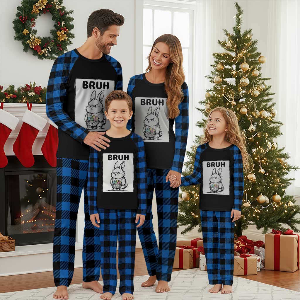 Bruh Angry Easter Bunny with Eggs Basket Plaid Pajama Set Funny Rabbit Meme Humor Graphic Gift TS02 Blue Plaid Print Your Wear