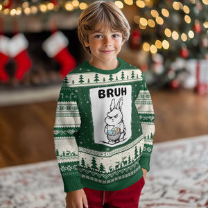 Bruh Angry Easter Bunny with Eggs Basket Ugly Christmas Sweater Funny Rabbit Meme Humor Graphic Gift TS02 Forest Green Beige Print Your Wear