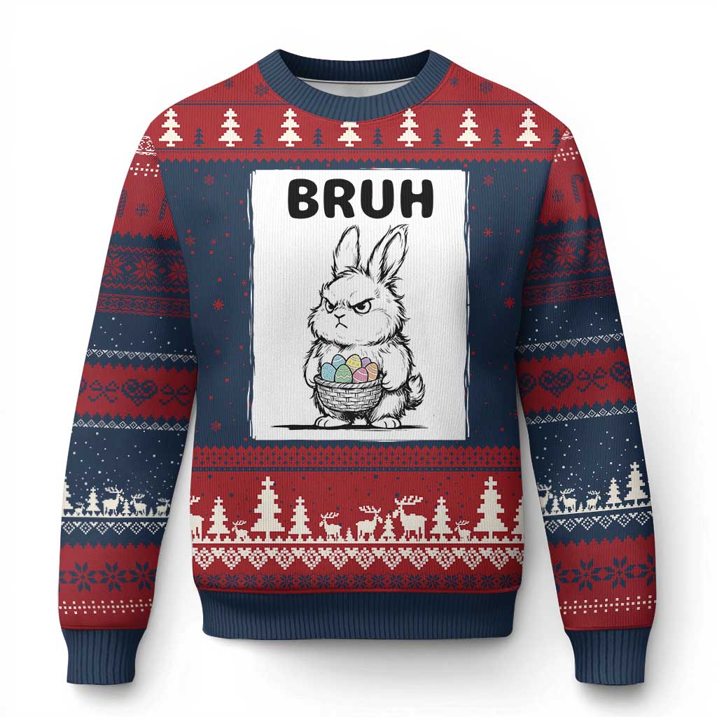 Bruh Angry Easter Bunny with Eggs Basket Ugly Christmas Sweater Funny Rabbit Meme Humor Graphic Gift TS02 Navy Red Print Your Wear