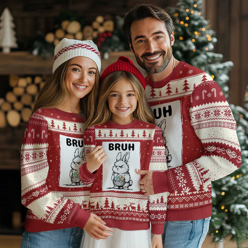Bruh Angry Easter Bunny with Eggs Basket Ugly Christmas Sweater Funny Rabbit Meme Humor Graphic Gift TS02 Red Beige Print Your Wear