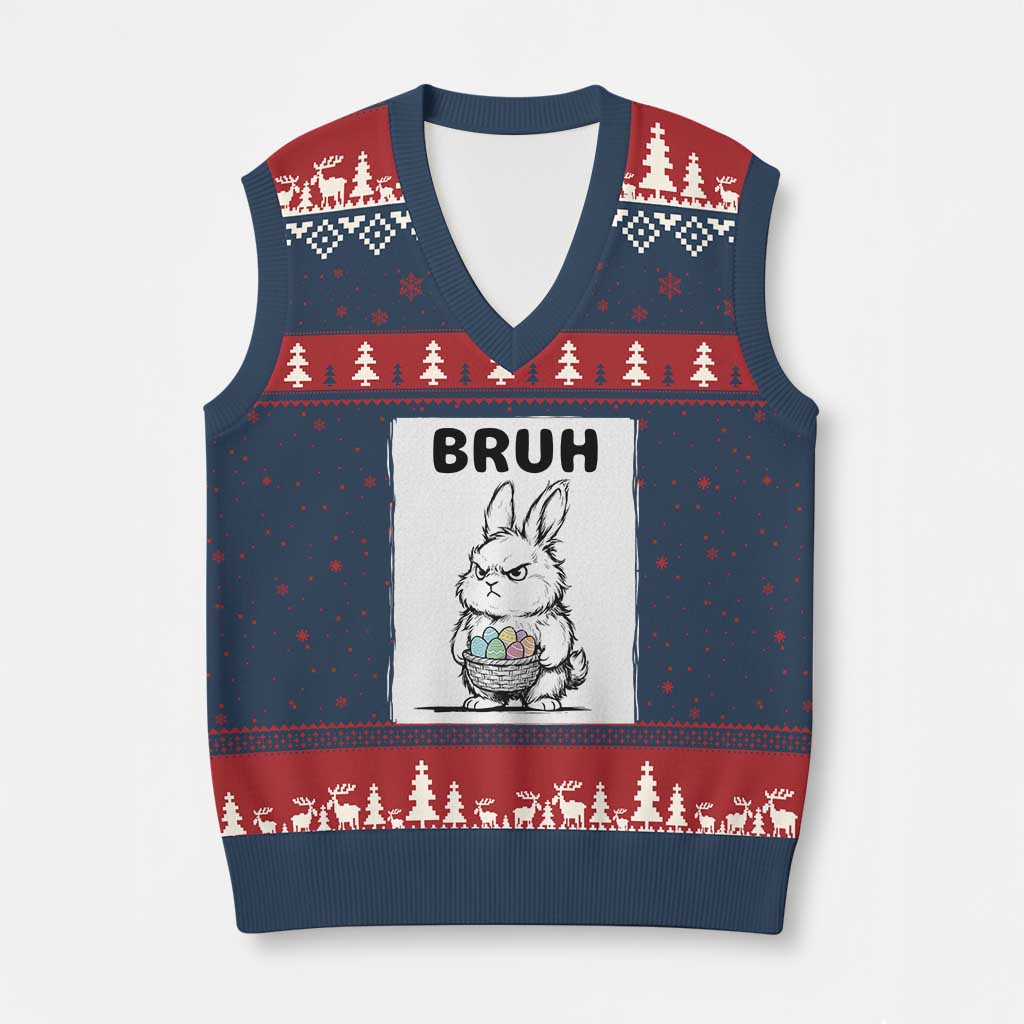 Bruh Angry Easter Bunny with Eggs Basket V-Neck Knit Sweater Vest Funny Rabbit Meme Humor Graphic Gift TS02 Navy Red Print Your Wear