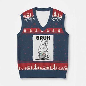 Bruh Angry Easter Bunny with Eggs Basket V-Neck Knit Sweater Vest Funny Rabbit Meme Humor Graphic Gift TS02 Navy Red Print Your Wear