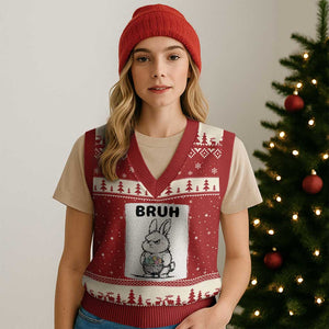 Bruh Angry Easter Bunny with Eggs Basket V-Neck Knit Sweater Vest Funny Rabbit Meme Humor Graphic Gift TS02 Red Beige Print Your Wear
