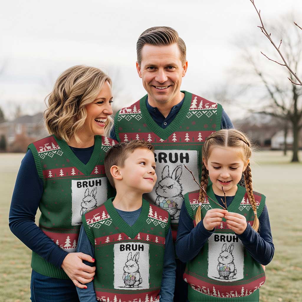 Bruh Angry Easter Bunny with Eggs Basket V-Neck Knit Sweater Vest Funny Rabbit Meme Humor Graphic Gift TS02 Red Green Print Your Wear