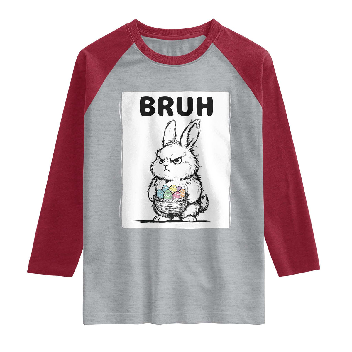 Bruh Angry Easter Bunny with Eggs Basket Raglan Shirt Funny Rabbit Meme Humor Graphic Gift TS02 Heather Gray Heather Red Print Your Wear