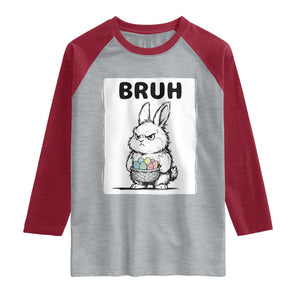 Bruh Angry Easter Bunny with Eggs Basket Raglan Shirt Funny Rabbit Meme Humor Graphic Gift TS02 Heather Gray Heather Red Print Your Wear