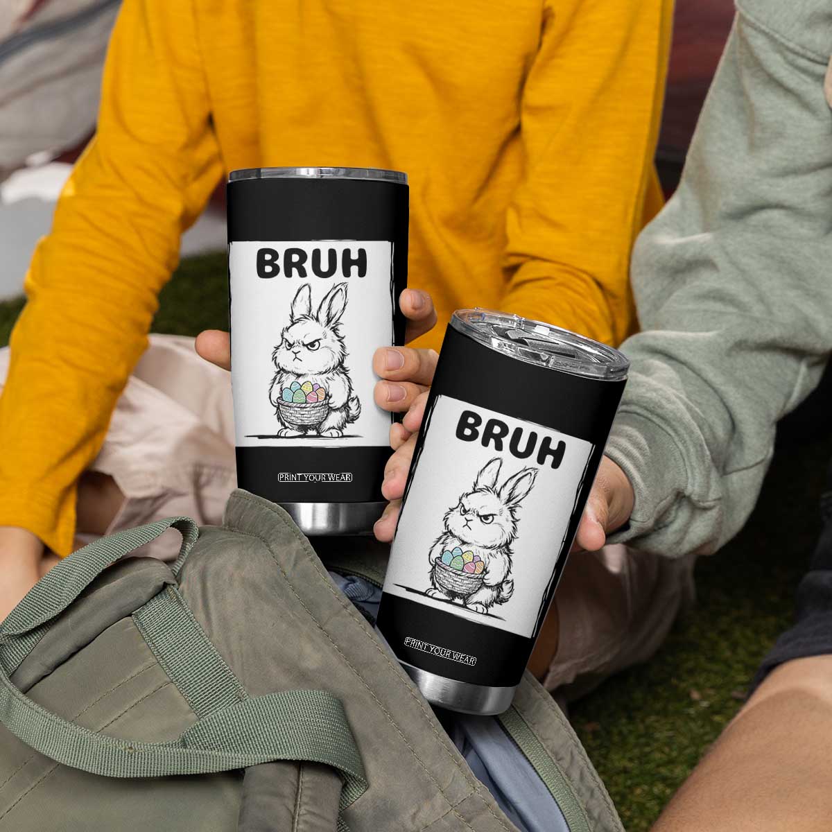 Bruh Angry Easter Bunny with Eggs Basket Tumbler Cup Funny Rabbit Meme Humor Graphic Gift TS02 Print Your Wear