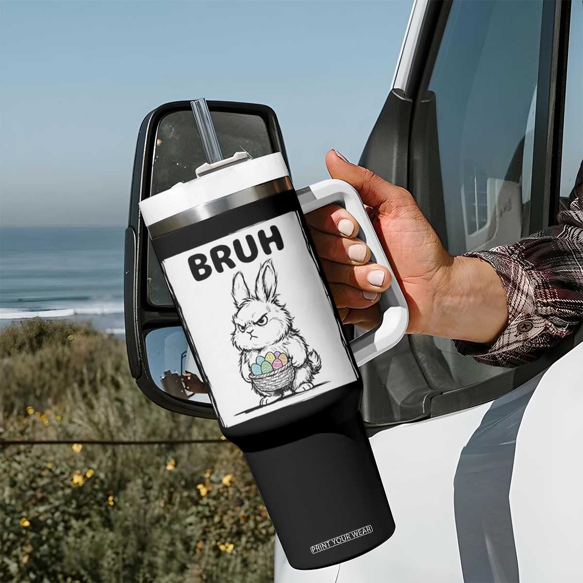 Bruh Angry Easter Bunny with Eggs Basket Tumbler With Handle Funny Rabbit Meme Humor Graphic Gift TS02 Print Your Wear