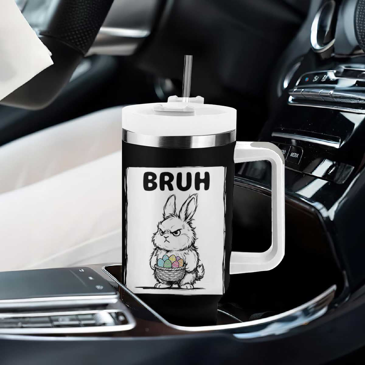Bruh Angry Easter Bunny with Eggs Basket Tumbler With Handle Funny Rabbit Meme Humor Graphic Gift TS02 Print Your Wear