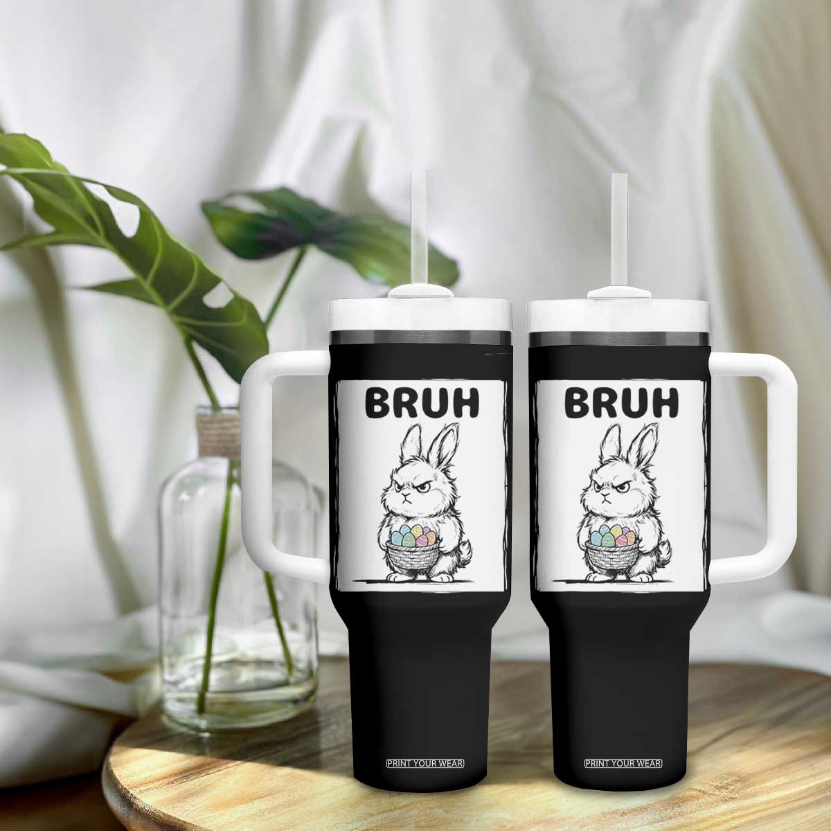 Bruh Angry Easter Bunny with Eggs Basket Tumbler With Handle Funny Rabbit Meme Humor Graphic Gift TS02 Print Your Wear