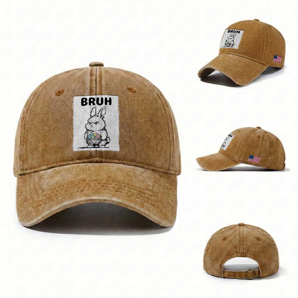 Bruh Angry Easter Bunny with Eggs Basket Washed Cotton Baseball Cap Funny Rabbit Meme Humor Graphic Gift TS02 Washed Cap Universal Fit Yellow Ochre Print Your Wear