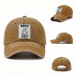 Bruh Angry Easter Bunny with Eggs Basket Washed Cotton Baseball Cap Funny Rabbit Meme Humor Graphic Gift TS02 Washed Cap Universal Fit Yellow Ochre Print Your Wear