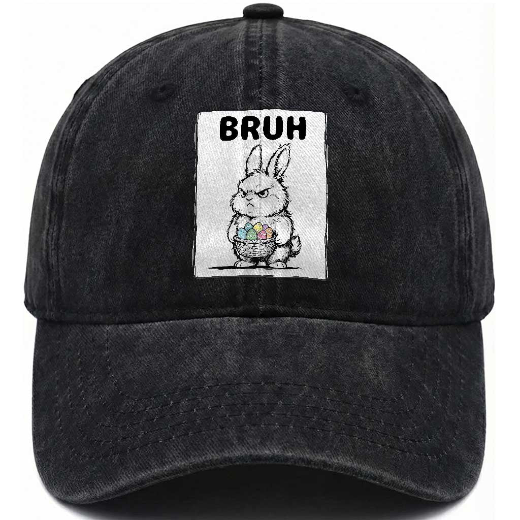 Bruh Angry Easter Bunny with Eggs Basket Washed Cotton Baseball Cap Funny Rabbit Meme Humor Graphic Gift TS02 Print Your Wear