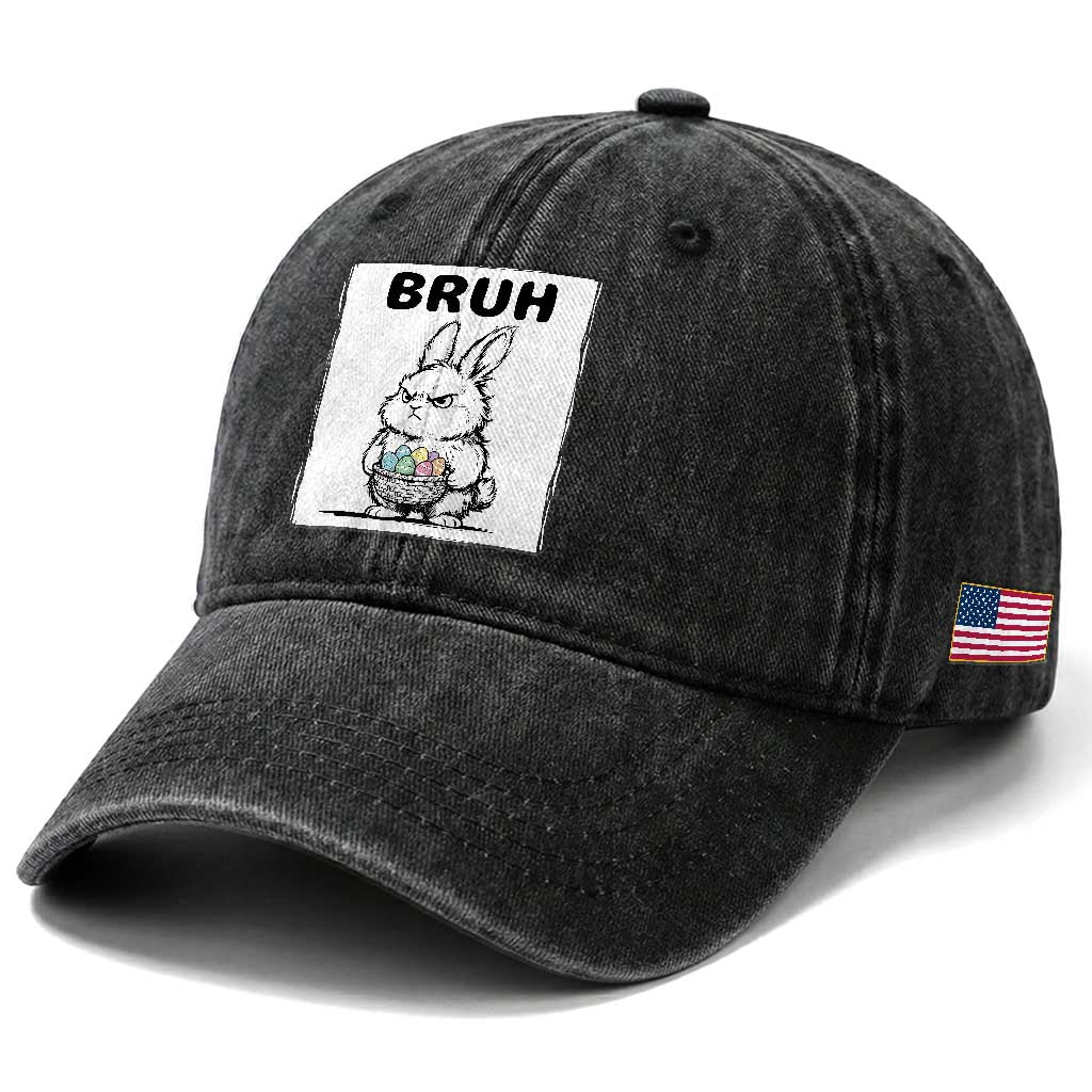 Bruh Angry Easter Bunny with Eggs Basket Washed Cotton Baseball Cap Funny Rabbit Meme Humor Graphic Gift TS02 Print Your Wear