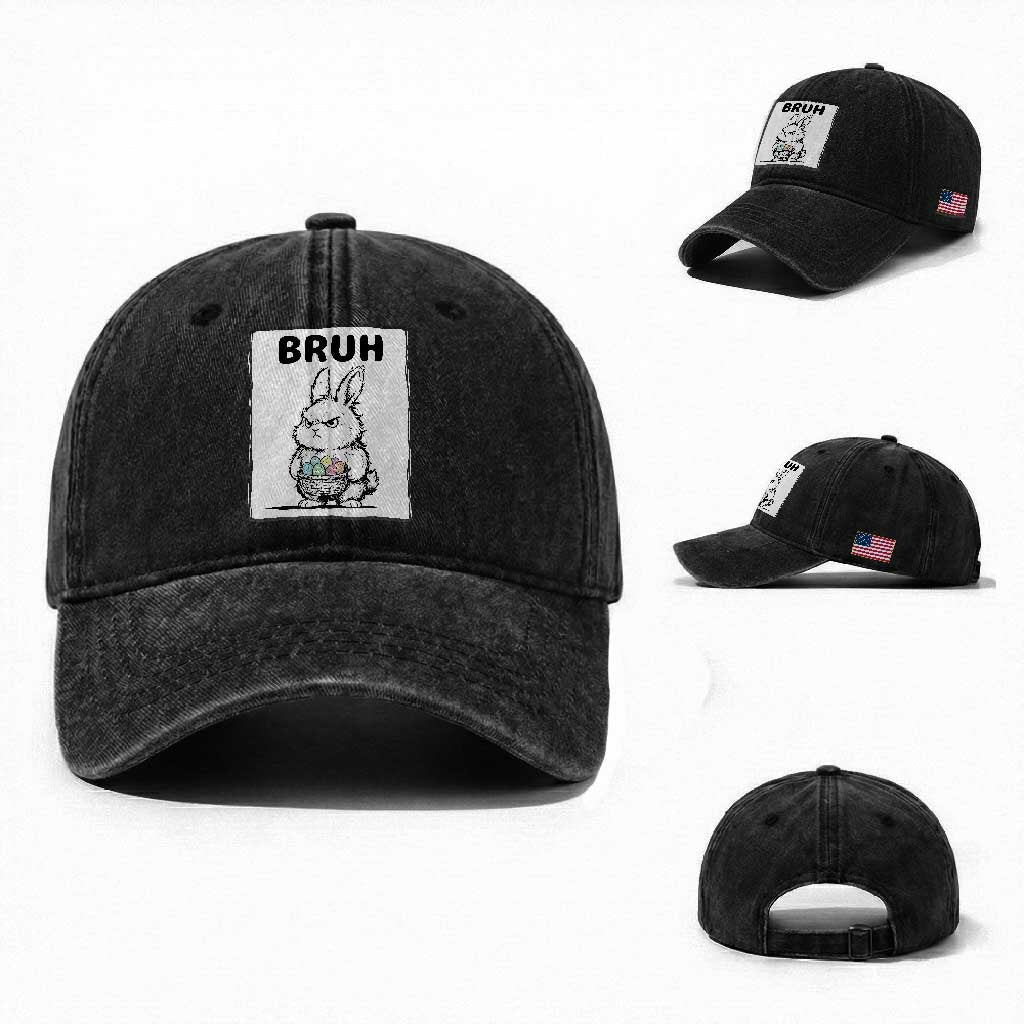 Bruh Angry Easter Bunny with Eggs Basket Washed Cotton Baseball Cap Funny Rabbit Meme Humor Graphic Gift TS02 Washed Cap Universal Fit Black Print Your Wear
