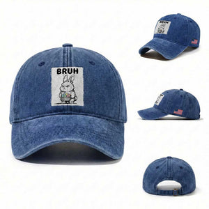Bruh Angry Easter Bunny with Eggs Basket Washed Cotton Baseball Cap Funny Rabbit Meme Humor Graphic Gift TS02 Washed Cap Universal Fit Royal Blue Print Your Wear