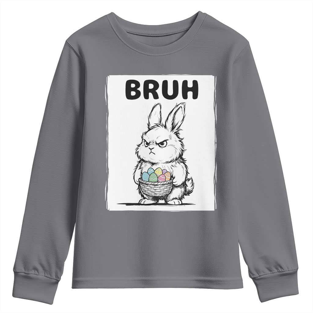 Bruh Angry Easter Bunny with Eggs Basket Youth Sweatshirt Funny Rabbit Meme Humor Graphic Gift TS02 Charcoal Print Your Wear