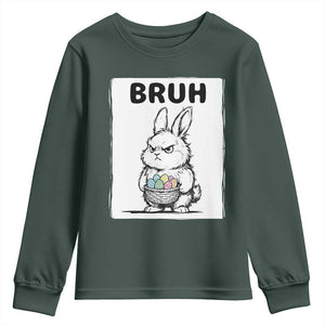 Bruh Angry Easter Bunny with Eggs Basket Youth Sweatshirt Funny Rabbit Meme Humor Graphic Gift TS02 Dark Forest Green Print Your Wear
