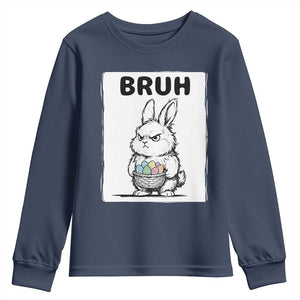 Bruh Angry Easter Bunny with Eggs Basket Youth Sweatshirt Funny Rabbit Meme Humor Graphic Gift TS02 Navy Print Your Wear