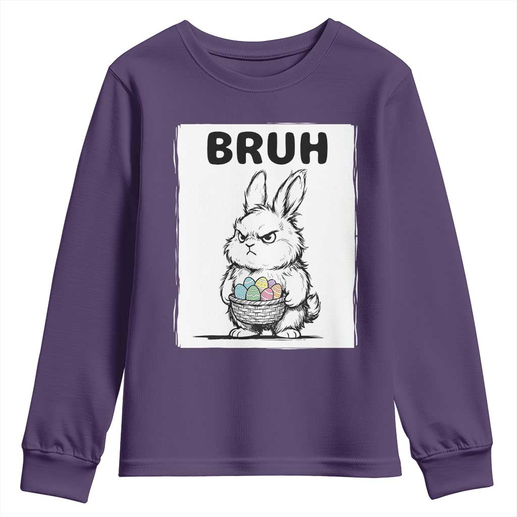 Bruh Angry Easter Bunny with Eggs Basket Youth Sweatshirt Funny Rabbit Meme Humor Graphic Gift TS02 Purple Print Your Wear