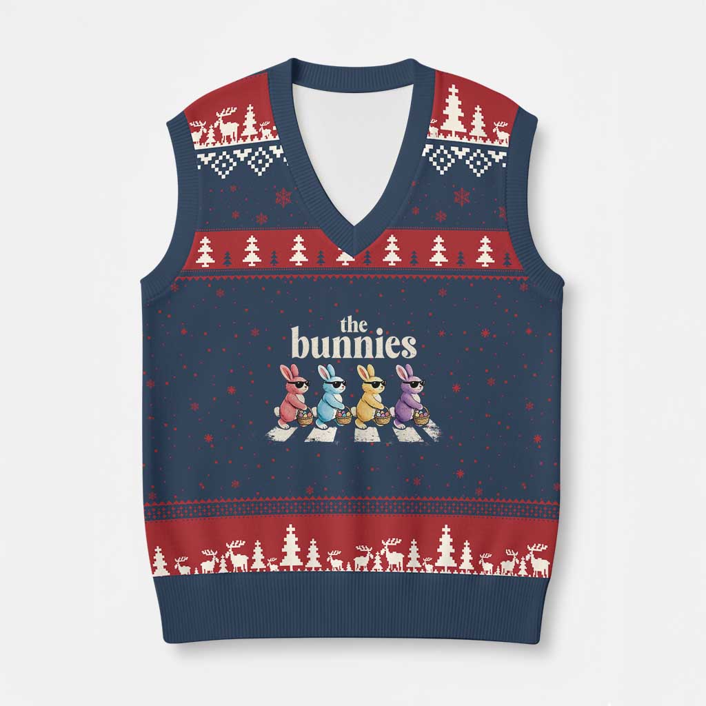 The Bunnies Parody Crossing Rabbits Graphic V-Neck Knit Sweater Vest Funny Easter Pop Culture Style Cute Bunny Gift TS02 Navy Red Print Your Wear